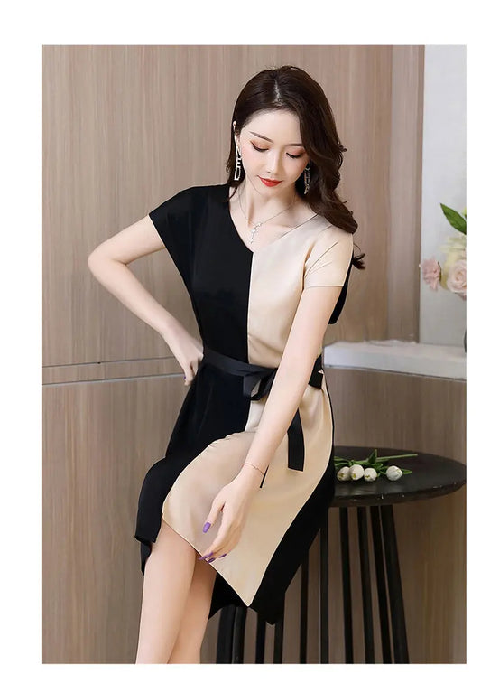 Contrast Color Dress For Women V-neck Short Sleeve Patchwork Casual Loose Vestido Robe Summer eprolo