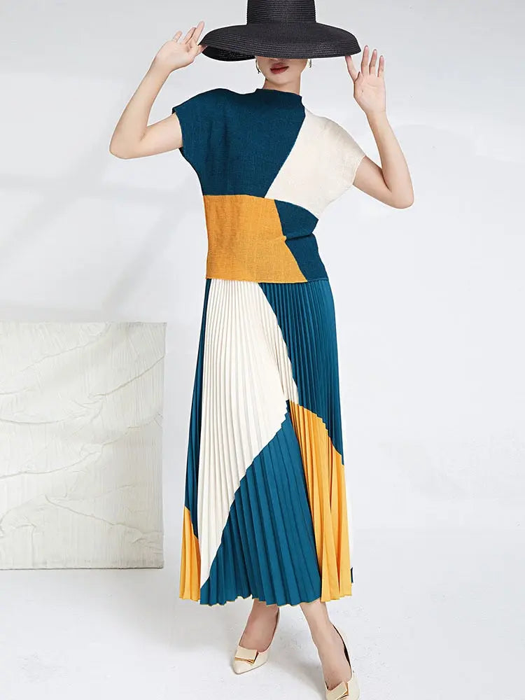 Contrast Color Pleated 2 Pieces Set For Women Slim Tops High Waist Fold Skirts Fashion Female Clothing eprolo
