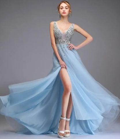 Sexy Side Split Prom Dresses  Deep V-Neck Backless Beads Crystal Party Gowns Sleeveless Sweep Train Cheap Tulle Party Dress eprolo
