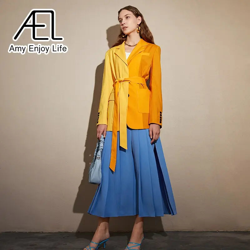 AEL Yellow Blazer Jacket Causal Women Long-Sleeve Loose Coat Color Blocking Fashion Streetwear eprolo