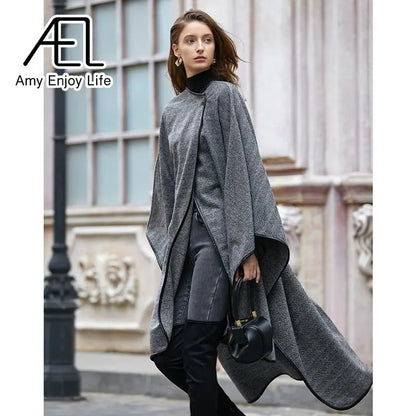 Medium Long Cape Style Street Woolen Coat New Herringbone Pattern Cloak Coat For Women In Winter eprolo