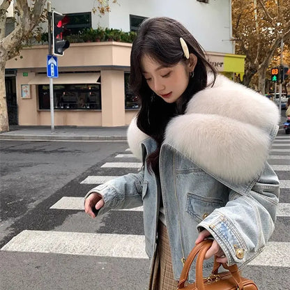 Faux Fur Neck Denim Coat For Women Long Sleeve Blue Patchwork Outwears Warmth Fashion Jacket Autumn Winter New eprolo