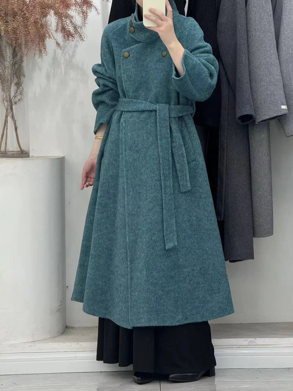 Vintage Hepburn style stand up collar long handmade double-sided wool coat, tall tie up eprolo