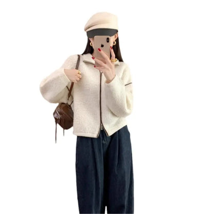 Wool Coat Heavyweight Thick Loose Stand Collar Double Zipper Sweater Women's Winter Wool Cardigan Top eprolo