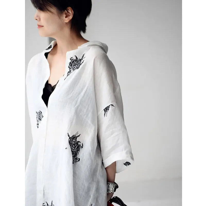 Literature And Art Simple Plaid Printing Pony Embroidery Loose Medium Long Short Sleeve Shirt For Women eprolo