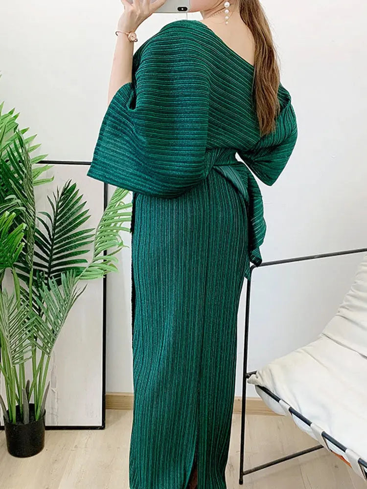Two Pieces Pleated Skirt Set For Women Batwing Sleeves Loose Top With Long Length Skirts Female Elegant Clothing eprolo