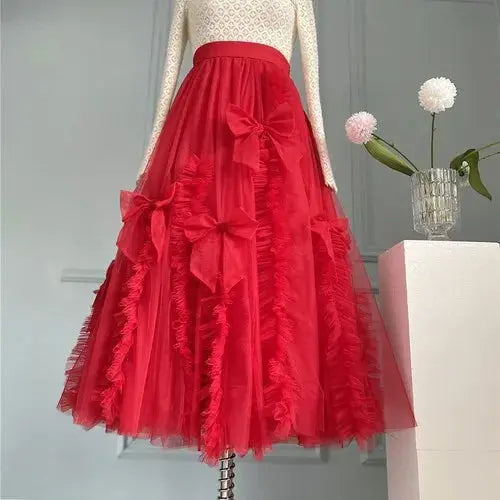 High-End Mesh Long Skirt Handmade Bow Gauze Skirt Fairy High Waist Slimming Umbrella Skirt Designer Model Skirt Evening Dresses eprolo