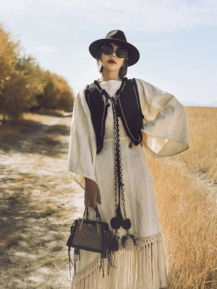 Vintage Versatile Tassel Knitted Dress Women's Spring and Autumn New Style Sweater Long Dress eprolo
