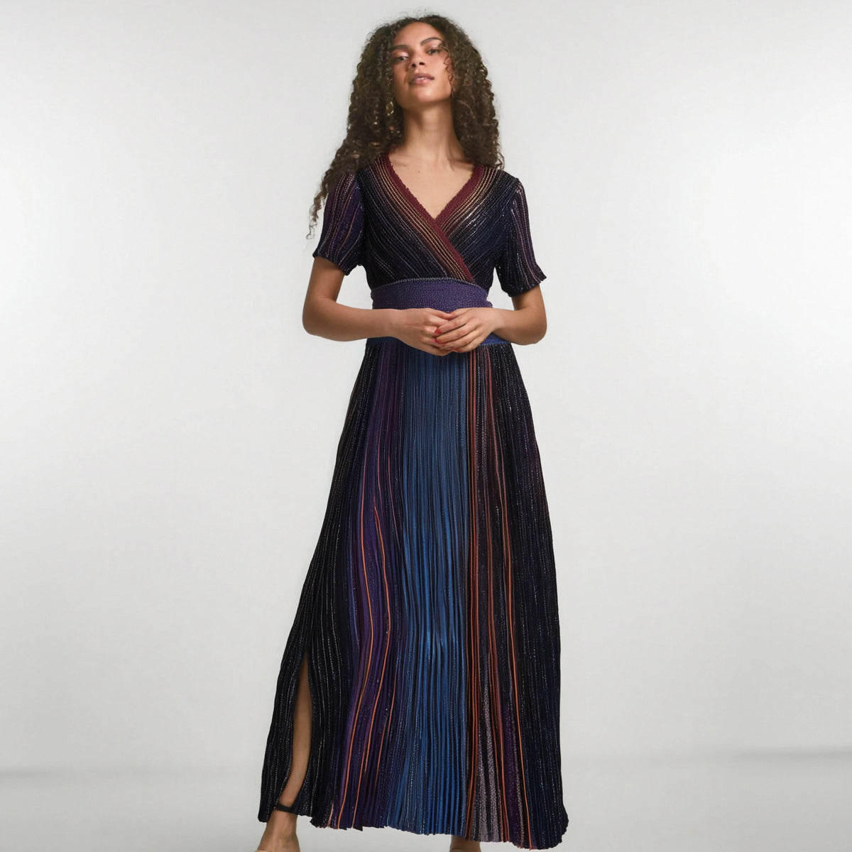Nanyou Summer Gradient Color Striped Long Skirt Temperament Commuting Pleated Skirt Waist Knitted Elastic Dress eprolo
