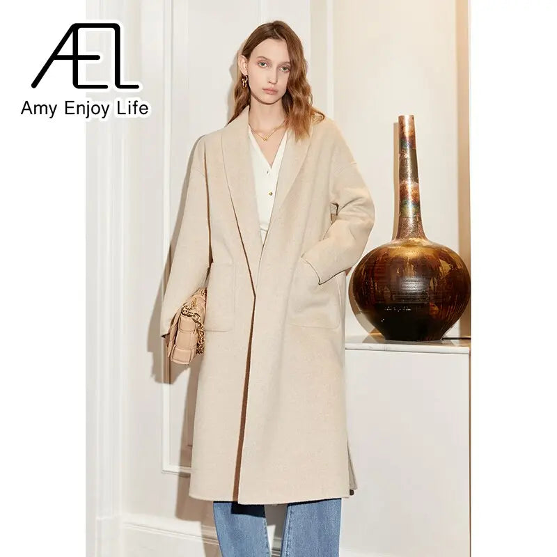 Wool Slim Fit Coat Autumn and Winter New Medium Long Lace up Vintage Slouchy Woolen Coat eprolo