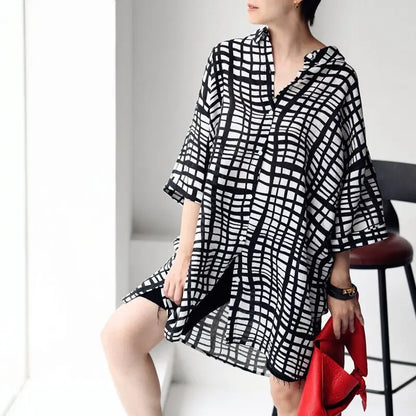 Literature And Art Simple Plaid Printing Pony Embroidery Loose Medium Long Short Sleeve Shirt For Women eprolo