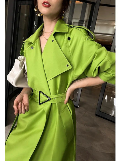 Fluorescent green large lapel mid length lace up loose windbreaker jacket eprolo