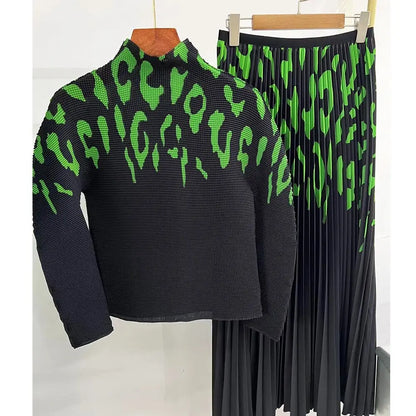 Long Halfskirt Set Women's Fashion Women's Spring New Long Sleeve Pleated T-shirt Pleated Skirt Two Piece Set eprolo