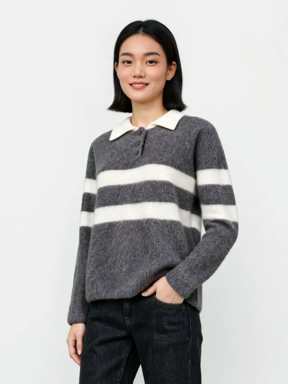 Polo Collar Striped Colorblock Wool Fleece Sweater Women's Loose Fit All-Match Crew Neck Knit Top eprolo