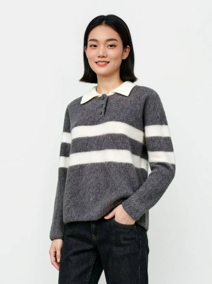 Polo Collar Striped Colorblock Wool Fleece Sweater Women's Loose Fit All-Match Crew Neck Knit Top eprolo