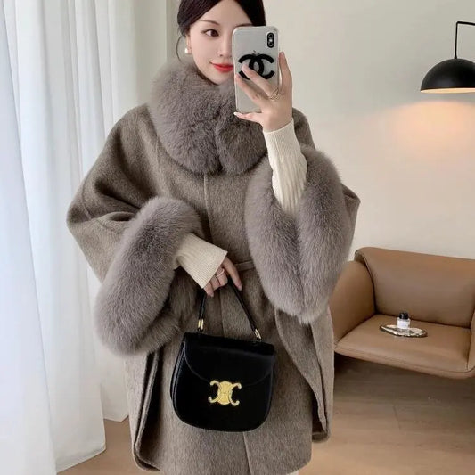 Autumn and winter new fox fur, grass fur collar, high-end cashmere cape, shawl coat, double-sided woolen coat eprolo