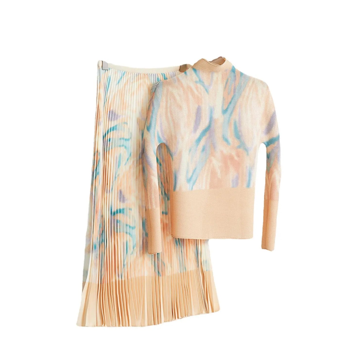 Fashion Print Pleated 2 Pieces Set Women's Round Neck Long Sleeves Slim Top High Waist Spliced Female Clothes eprolo