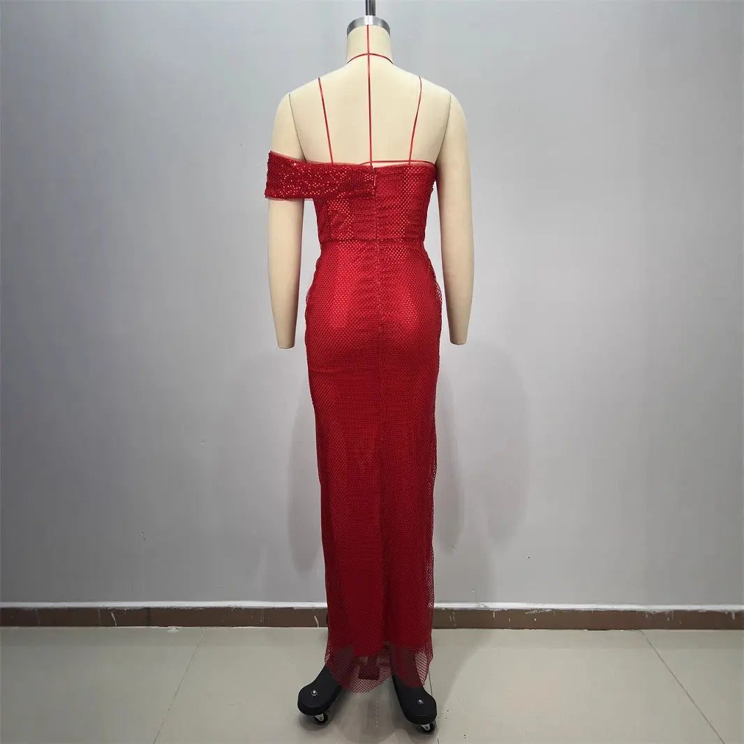 Sexy Strapless One-Shoulder Ruched Slit Long Fitted Bodycon Dress eprolo