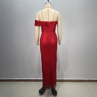 Sexy Strapless One-Shoulder Ruched Slit Long Fitted Bodycon Dress eprolo