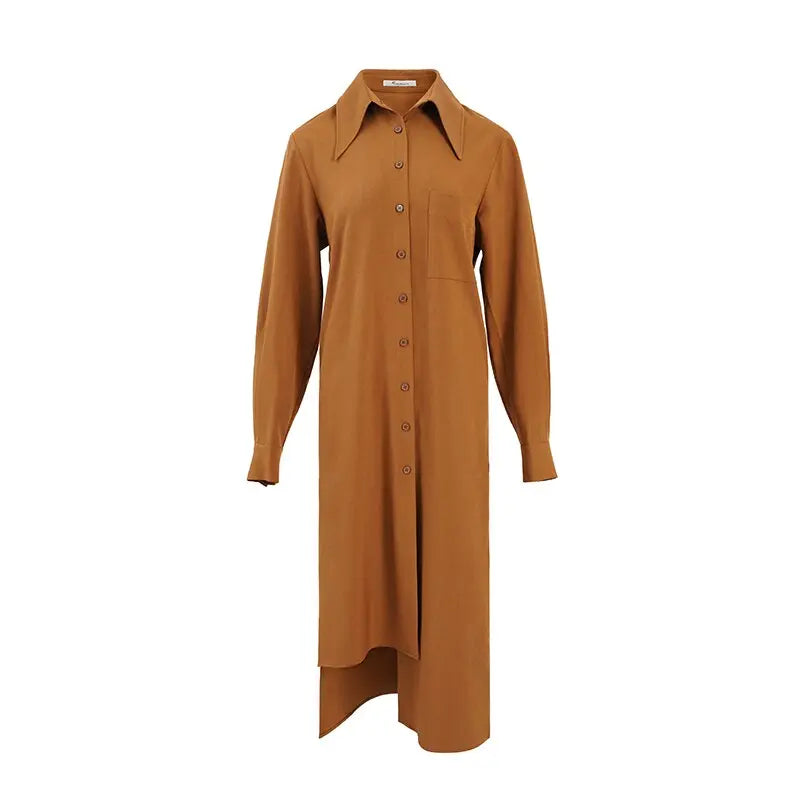 AEL Elegant Women Autumn Lapel Neck Long Shirt Dress Asymmetry Robe Femme Streetwear eprolo