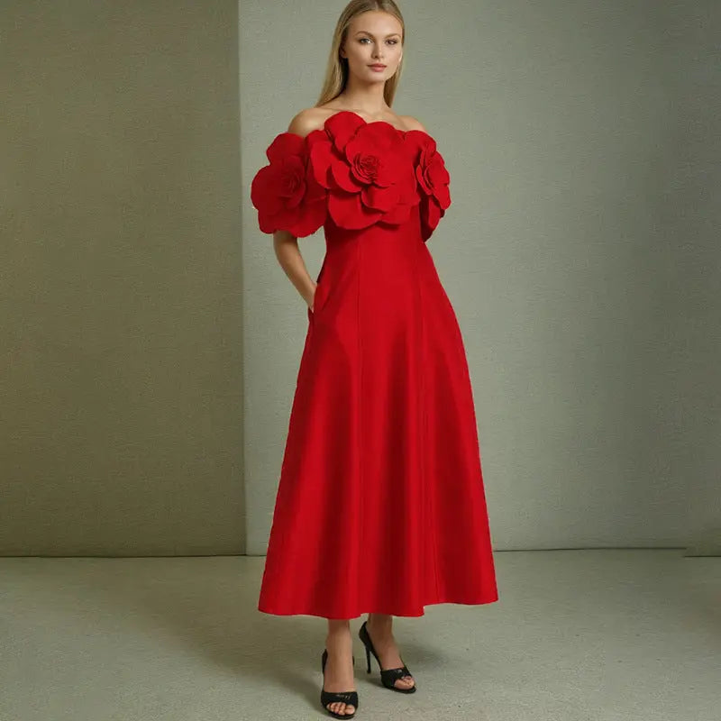 French Sexy One-Shoulder Dress with Floral Patchwork and Waist-Cinching Long Length eprolo