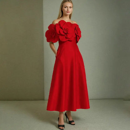 French Sexy One-Shoulder Dress with Floral Patchwork and Waist-Cinching Long Length eprolo