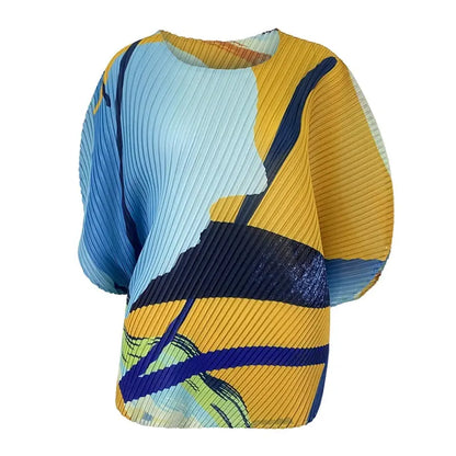 fall  women trendy casual Ocean printing crewneck top bat sleeve top Korean style Three Quarter sleeve T-shirt plus size eprolo