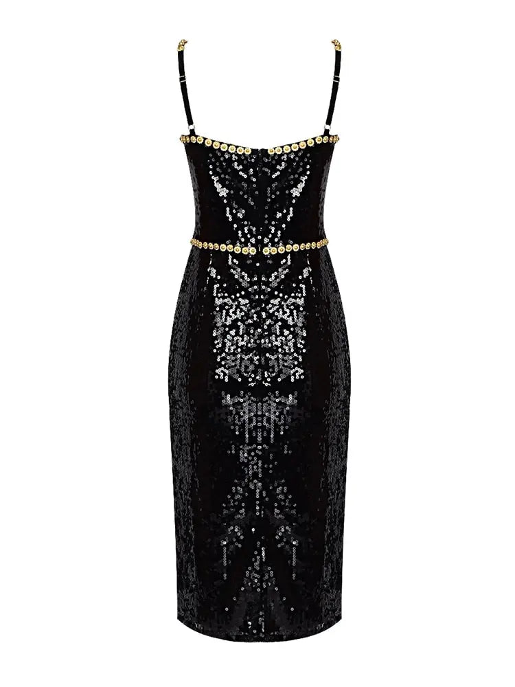 Black Evening Dinner Dress Women Elegant Square Collar Crystal Sequins Spaghetti Strap Dresses eprolo
