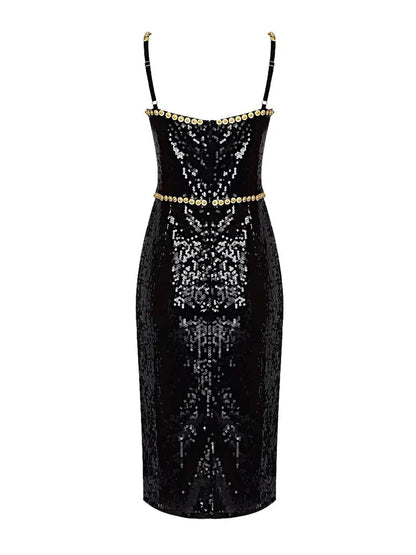Black Evening Dinner Dress Women Elegant Square Collar Crystal Sequins Spaghetti Strap Dresses eprolo