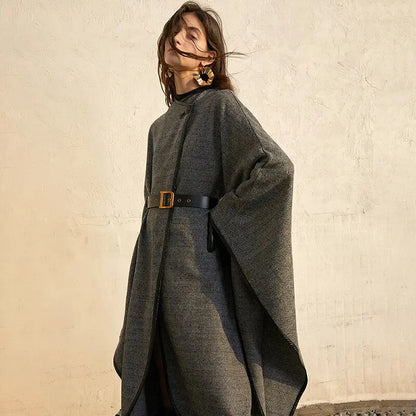 Loose Patchwork Wool Jacket For Women O Neck Batwing Sleeve Casual Solid Cloak Coat Female Fashion New eprolo