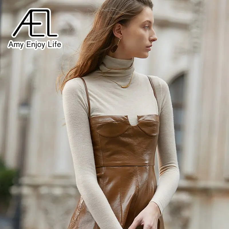 Premium Sense Of Modern Retro Chic High Waist Temperament Slim Halter Leather Lining Dress eprolo