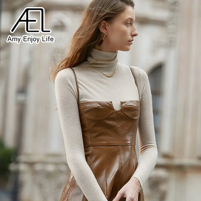 Premium Sense Of Modern Retro Chic High Waist Temperament Slim Halter Leather Lining Dress eprolo