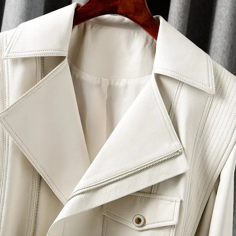 Jacket For Women New European Genuine Leather Coat Female Zipper Large Lapel Short Oversize Locotive Whtie eprolo