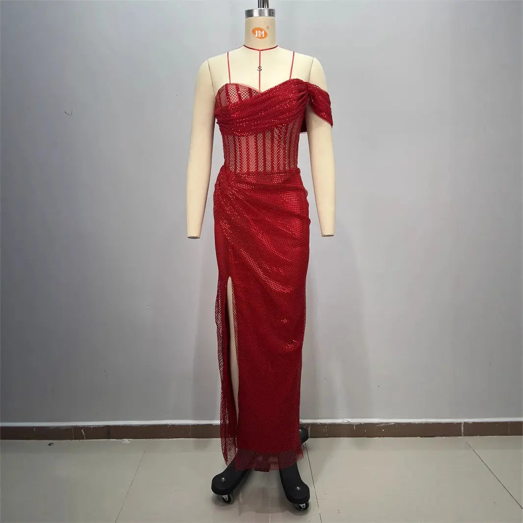 Sexy Strapless One-Shoulder Ruched Slit Long Fitted Bodycon Dress eprolo