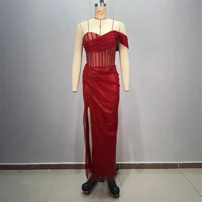 Sexy Strapless One-Shoulder Ruched Slit Long Fitted Bodycon Dress eprolo