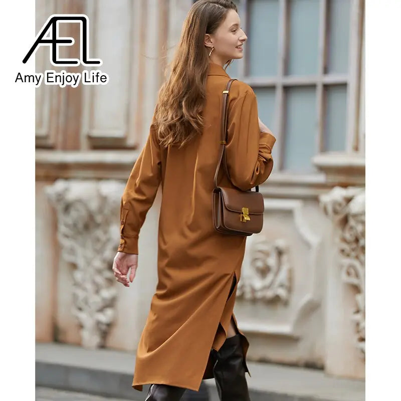 AEL Elegant Women Autumn Lapel Neck Long Shirt Dress Asymmetry Robe Femme Streetwear eprolo