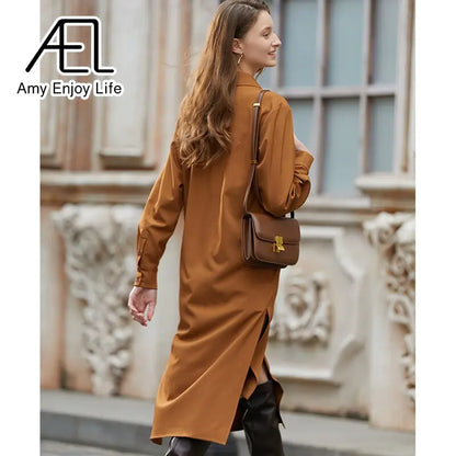 AEL Elegant Women Autumn Lapel Neck Long Shirt Dress Asymmetry Robe Femme Streetwear eprolo