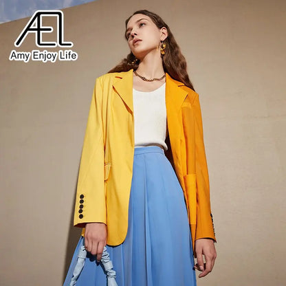AEL Yellow Blazer Jacket Causal Women Long-Sleeve Loose Coat Color Blocking Fashion Streetwear eprolo