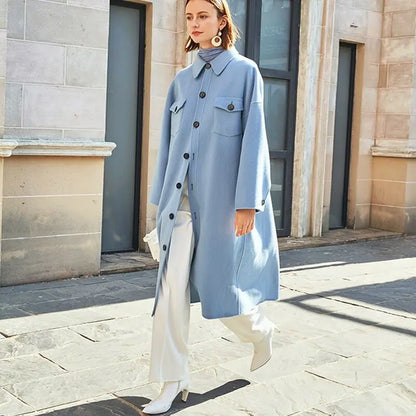 AEL winter  wool double woolen coat women Gray-blue Retro wide sleeves overcoat fashion loose lady long outcoat eprolo