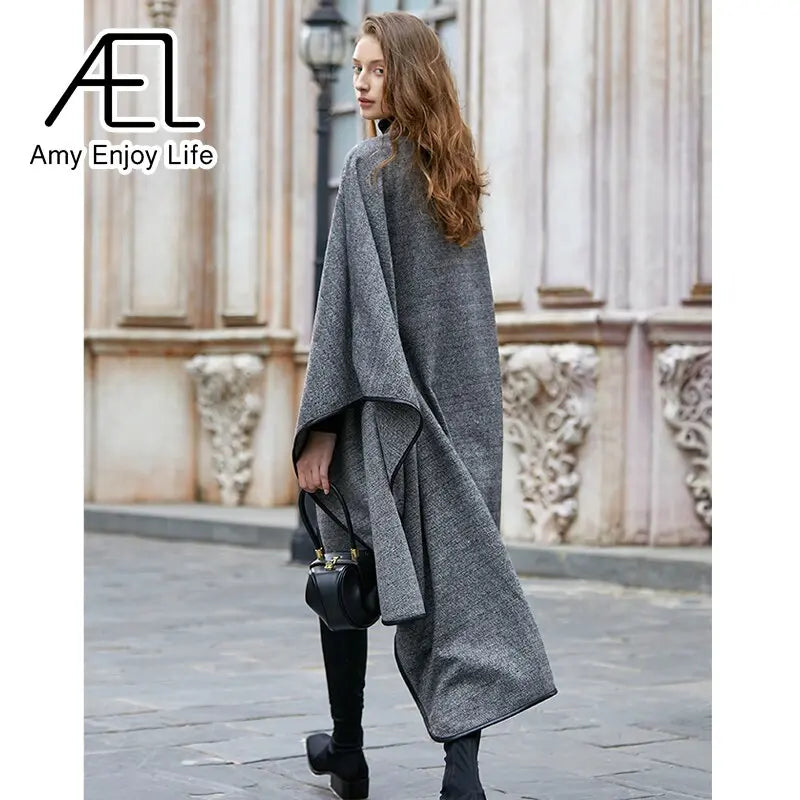 Medium Long Cape Style Street Woolen Coat New Herringbone Pattern Cloak Coat For Women In Winter eprolo