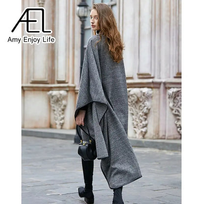 Medium Long Cape Style Street Woolen Coat New Herringbone Pattern Cloak Coat For Women In Winter eprolo