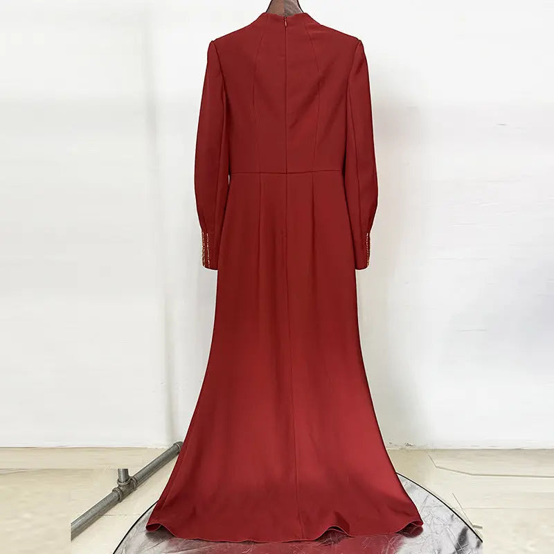 Beaded and Rhinestone Embellished Long Dress with Bat Sleeves eprolo