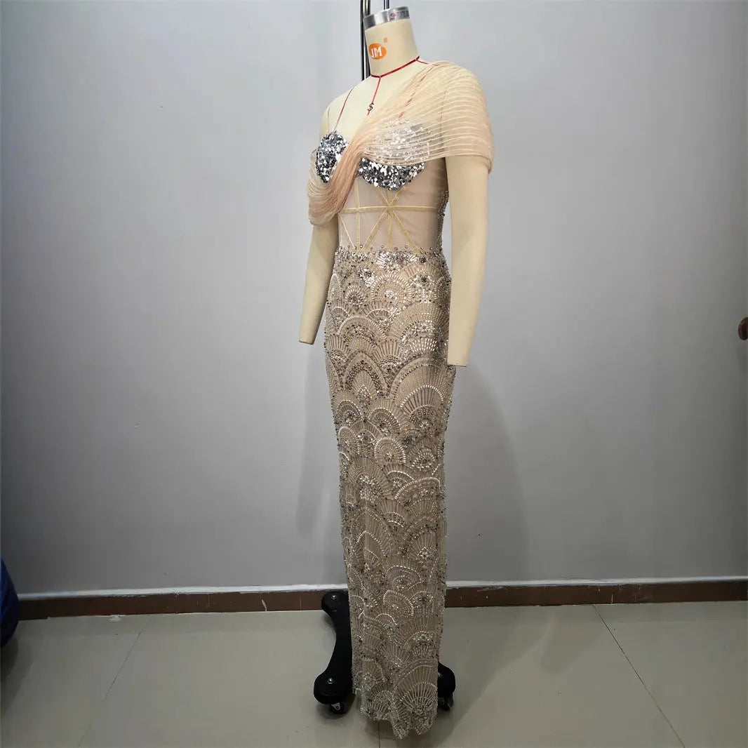 Sexy Design Mesh Sleeveless Fitted Sequined Long Length Bodycon Party Wholesale Women's Dress eprolo