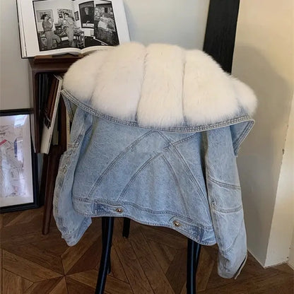 Faux Fur Neck Denim Coat For Women Long Sleeve Blue Patchwork Outwears Warmth Fashion Jacket Autumn Winter New eprolo