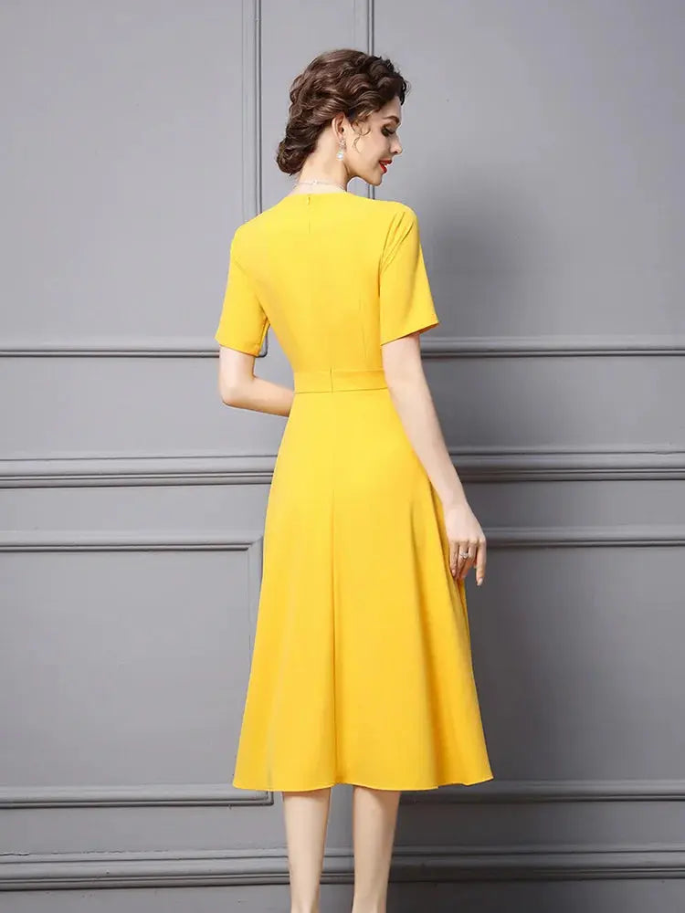 ZJYT Elegant Ladies Midi Simple Yellow Party Dresses for Women Summer Designer Bowknot Short Sleeve Office Vestidos Aline eprolo