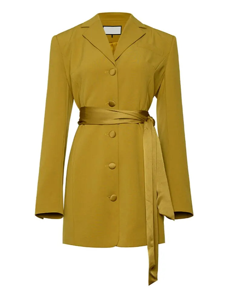 Women Yellow Belted Big Size Elegant Blazer Dress New Lapel Long Sleeve Loose Fit Fashion Spring Autumn eprolo
