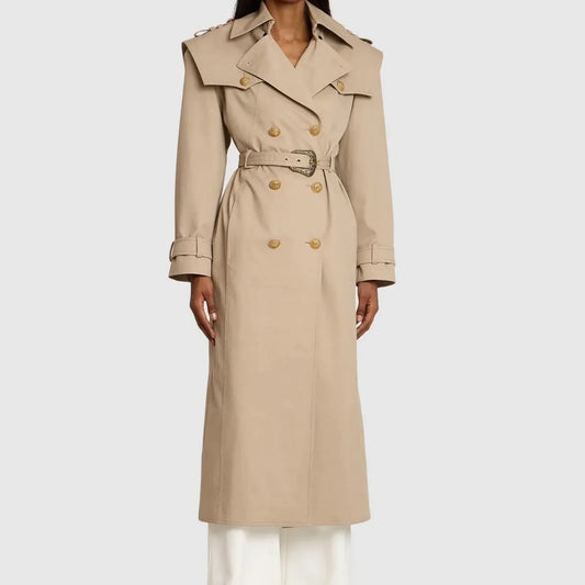 New double breasted detachable adjustable waistband, fashionable pointed collar, mid to long style windbreaker jacket with temperament eprolo