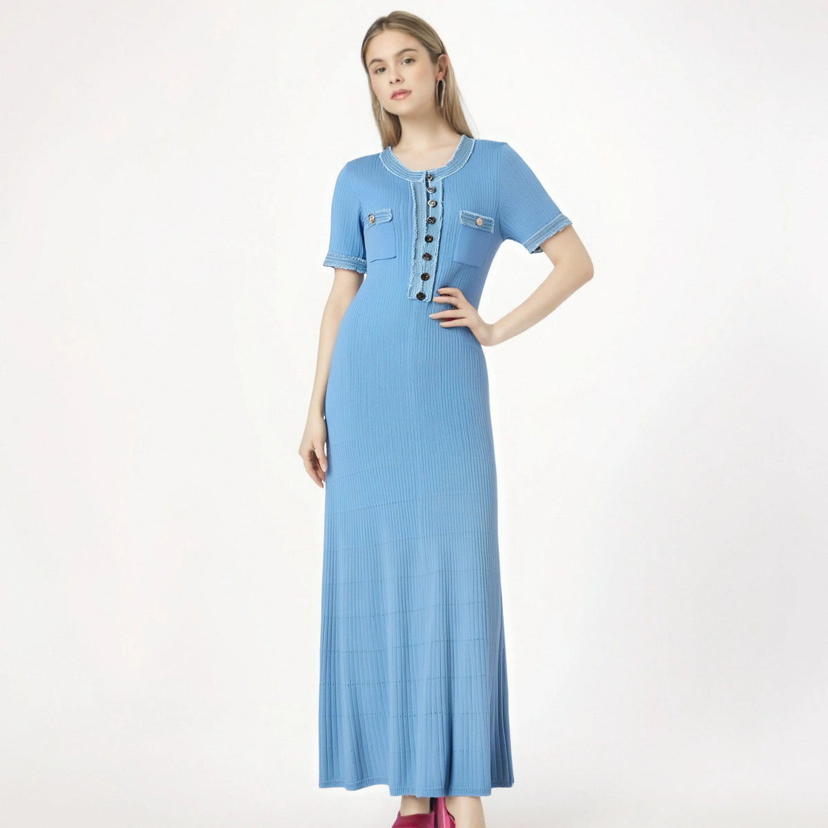 Elastic slim fit round neck button up long knit dress eprolo