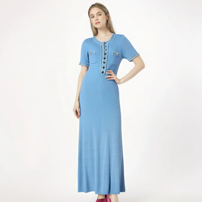 Elastic slim fit round neck button up long knit dress eprolo
