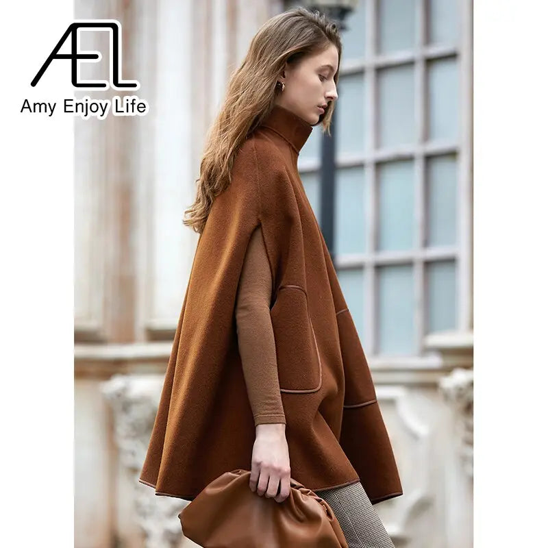 AEL Winter Wool Coat Women's Poncho Jacket Warm Cape Overcoat Long Cloak Outwear Casual Shawl Female eprolo